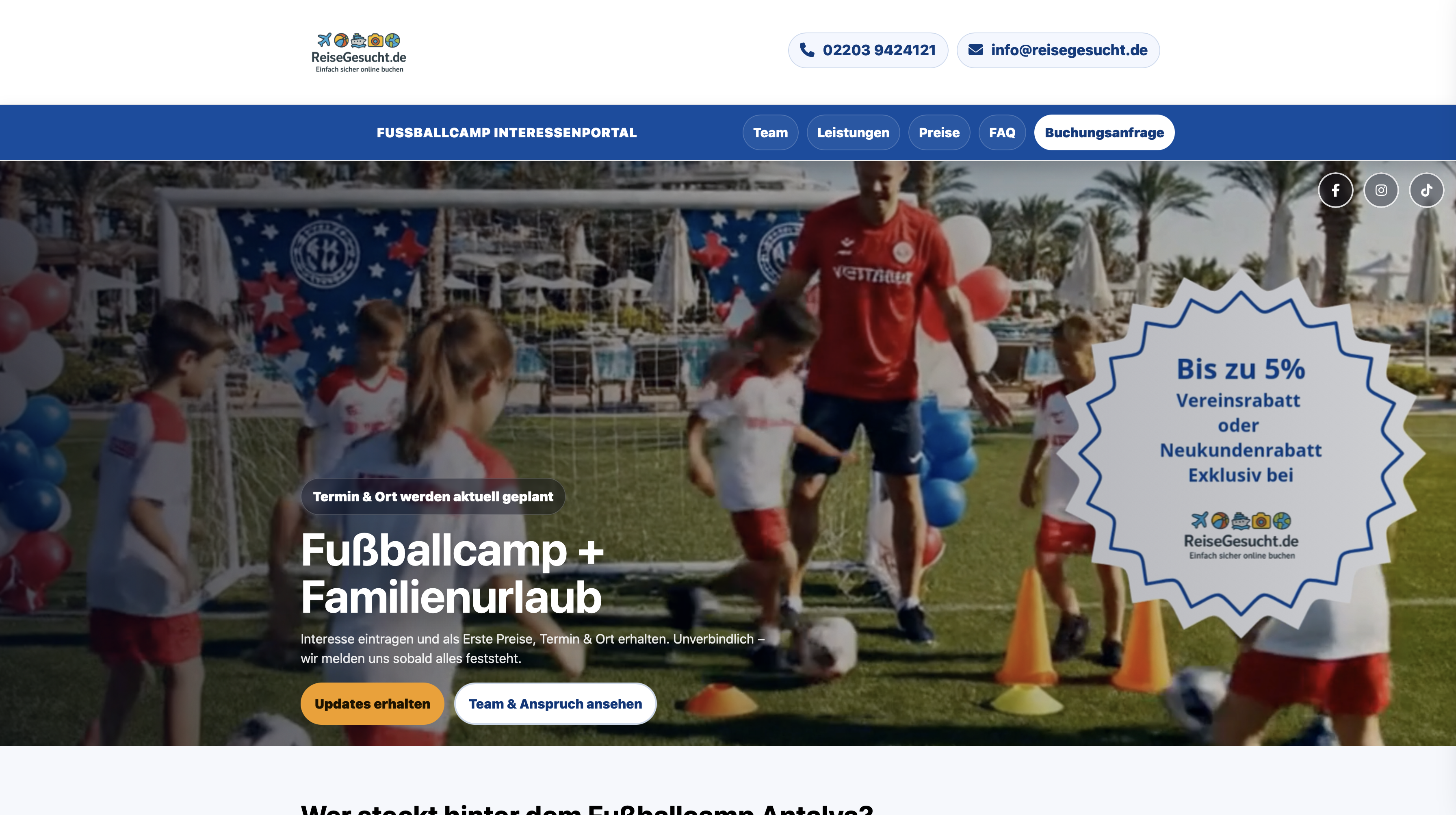 Screenshot: Fußballcamp Interessenportal – Header, Navigation und CTA